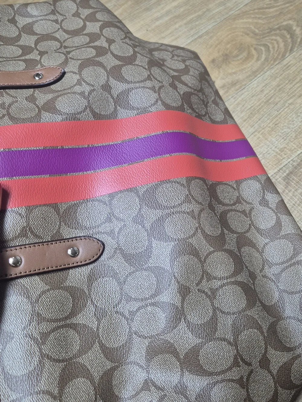 Coach Tan Signature Canvas Tote with Pink and Red Stripe